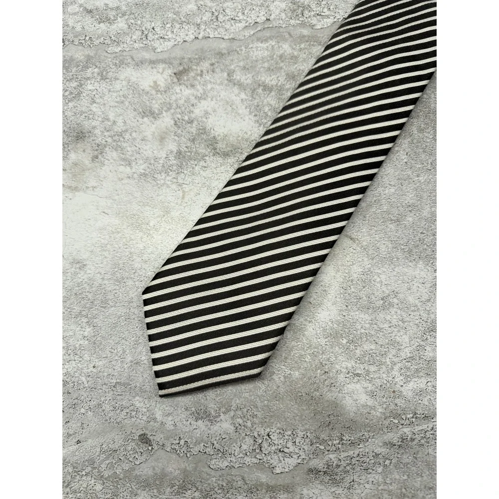 Woolworths Silk Tie Mens One Size Black Striped Pointed 100% Silk‎ Woven Necktie